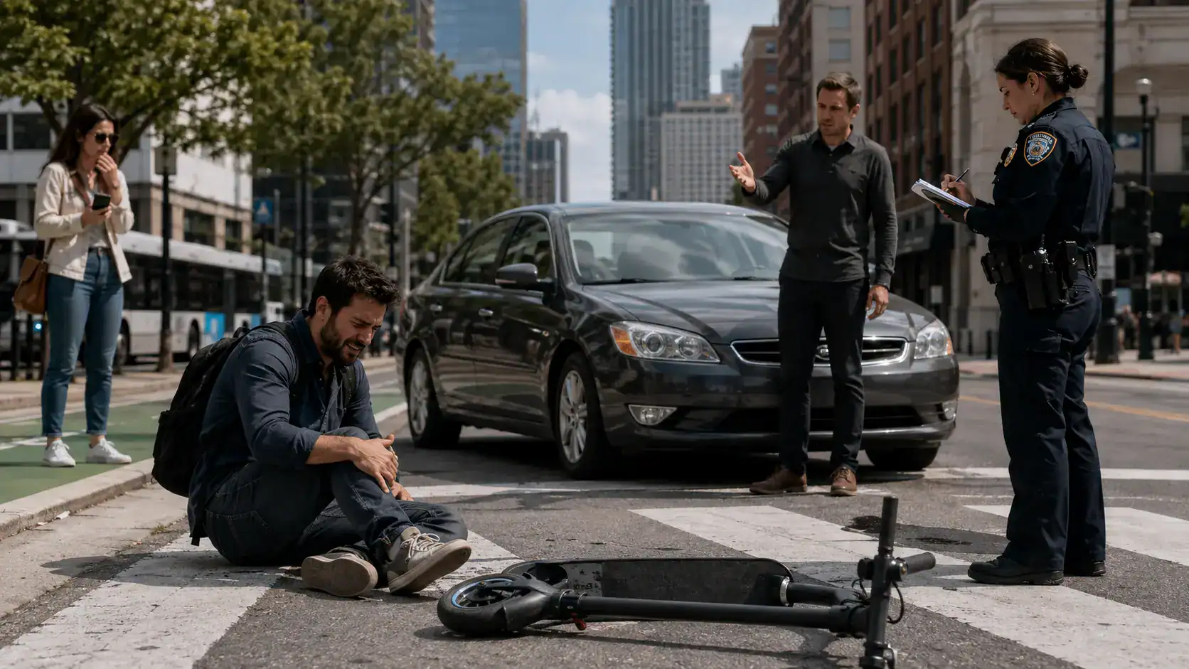 Injured e-scooter rider sitting on a Chicago street after an accident while a police officer speaks with a driver nearby.