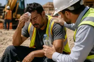 Construction worker suffering from heat exhaustion while coworker provides water at a job site