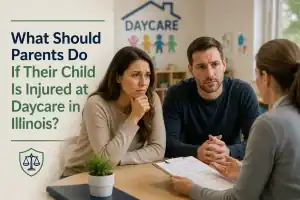 Concerned parents speaking with a daycare staff member about their child in an Illinois daycare setting.