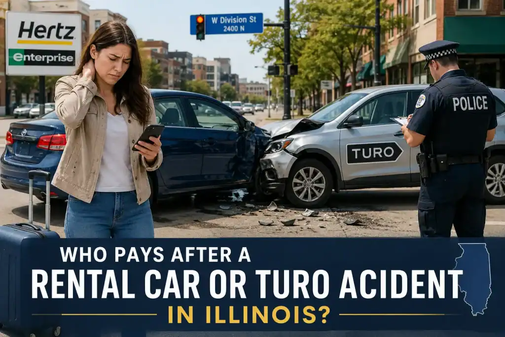 Woman holding her neck after a rental car or Turo accident in Illinois while police document damaged vehicles at a Chicago intersection.