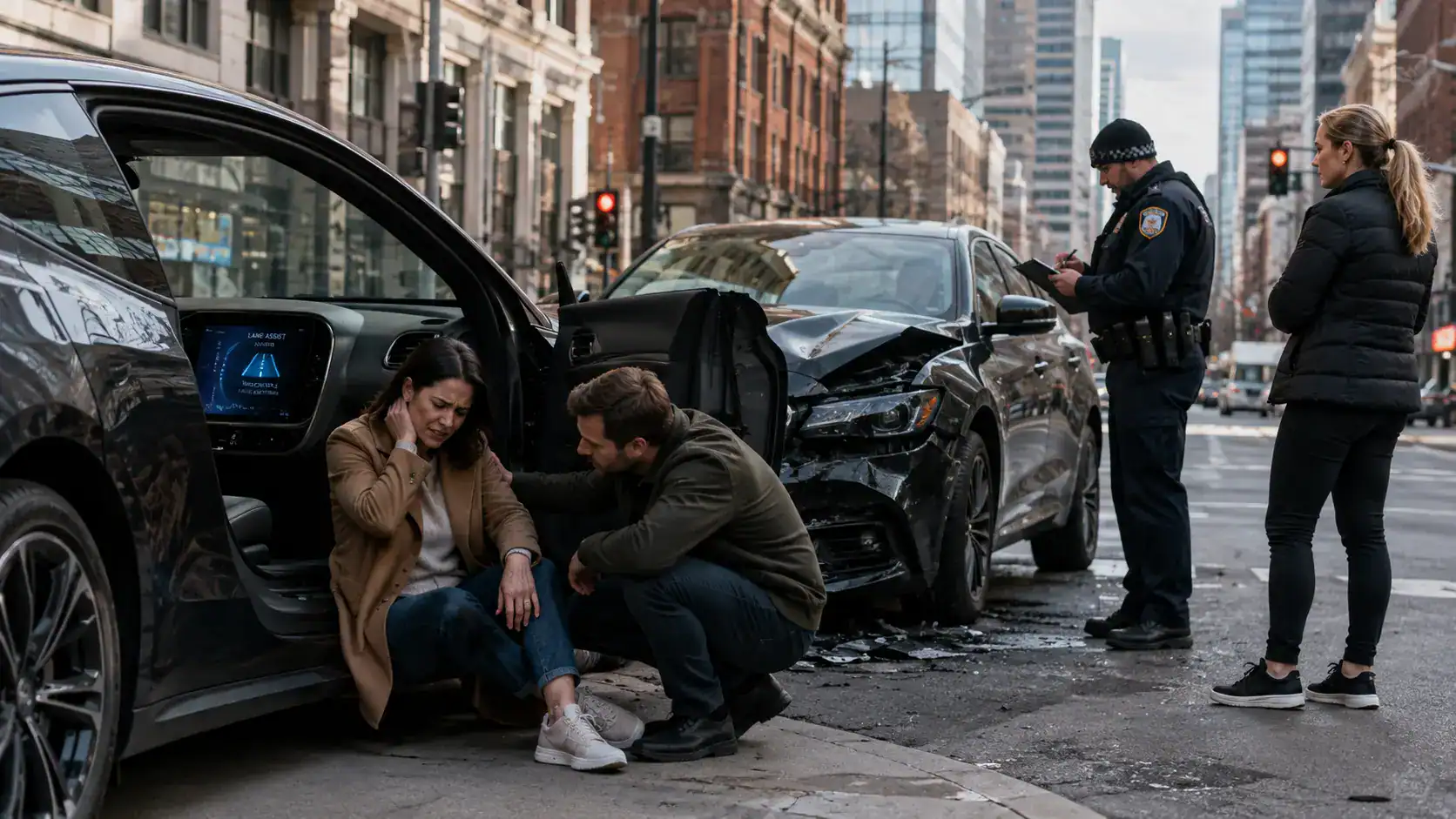Injured woman after a crash involving a vehicle with driver-assist technology on an Illinois city street while police document the scene.