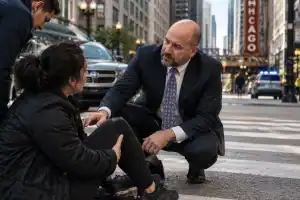 Illinois pedestrian accident lawyer helping an injured woman after a Chicago crosswalk accident
