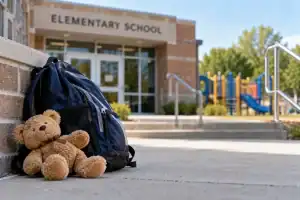 Child's backpack and teddy bear outside an elementary school