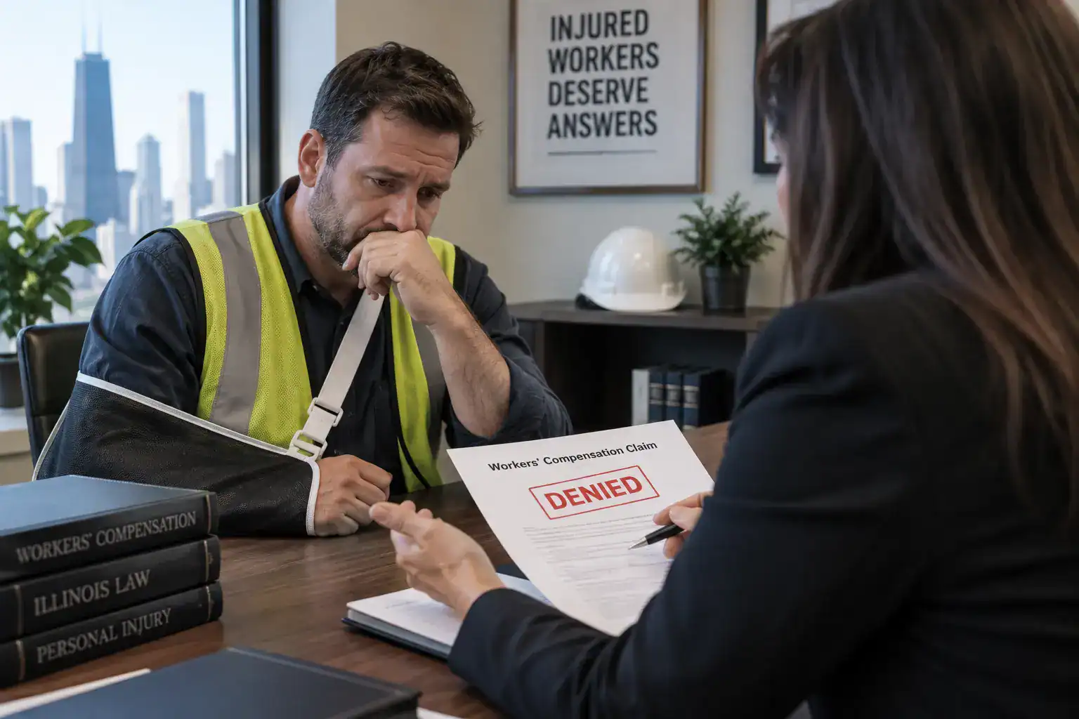 Injured Illinois worker reviewing a denied workers’ compensation claim with an attorney