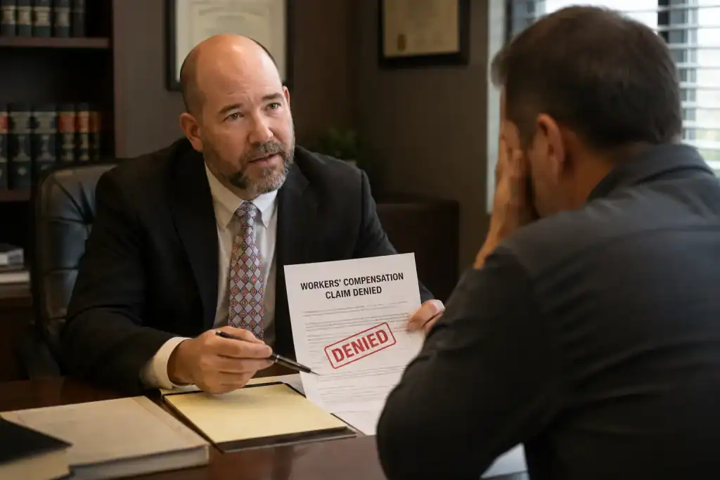 Illinois workers' compensation lawyer reviewing a denied workers' comp claim with an injured worker