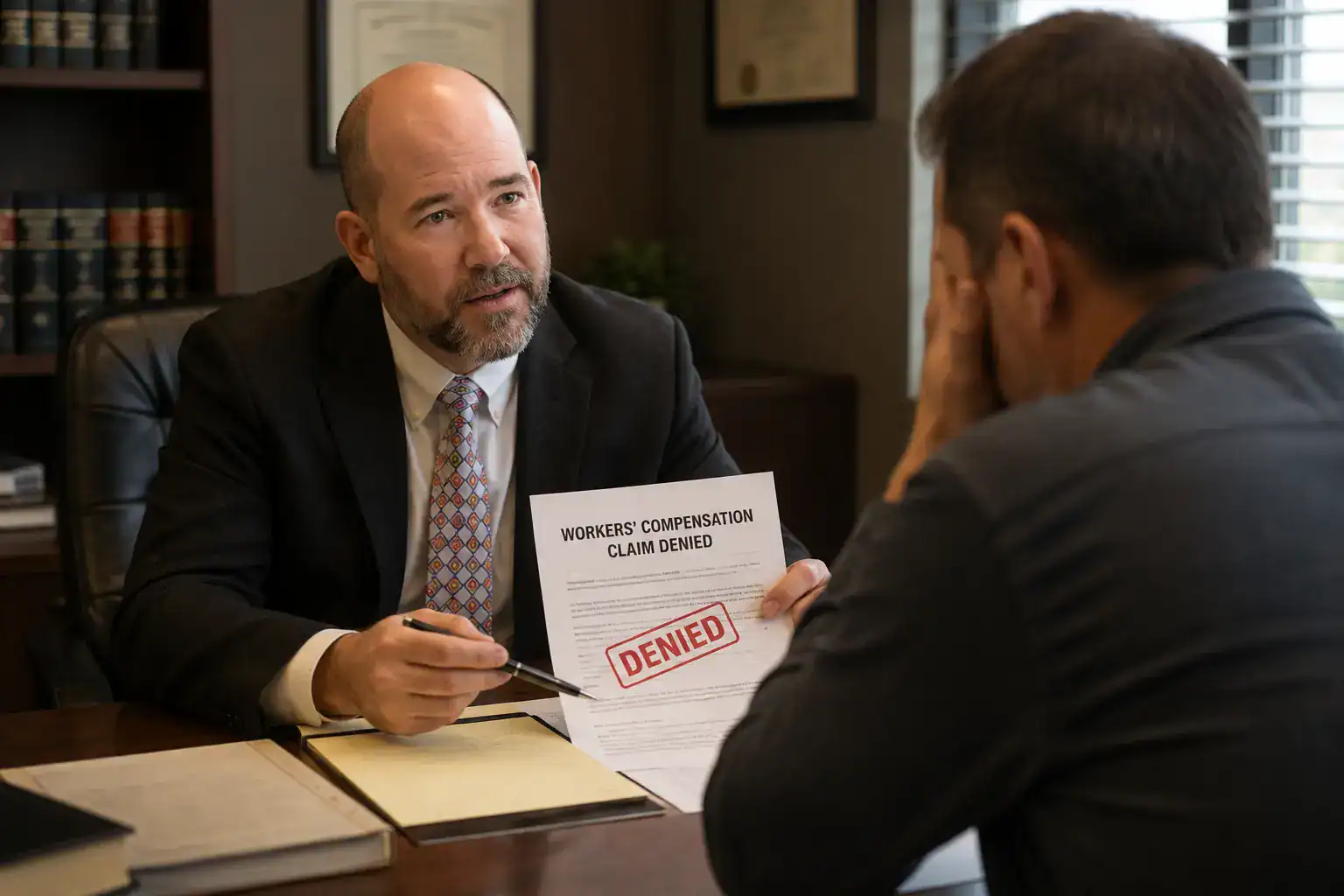 Illinois workers' compensation lawyer reviewing a denied workers' comp claim with an injured worker