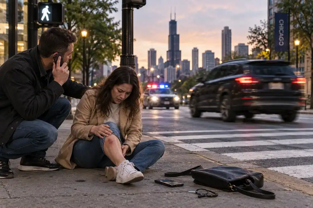 Injured pedestrian receiving help after a hit-and-run accident in Illinois