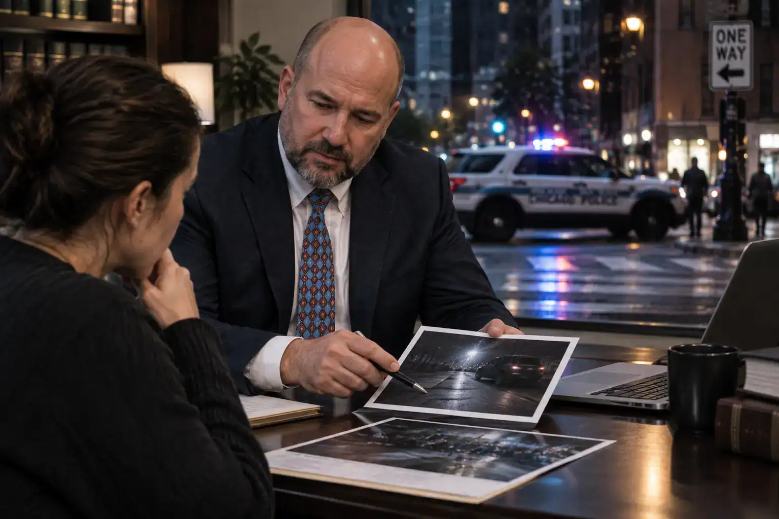 John S. Eliasik reviewing hit-and-run pedestrian accident evidence with a client in a Chicago law office