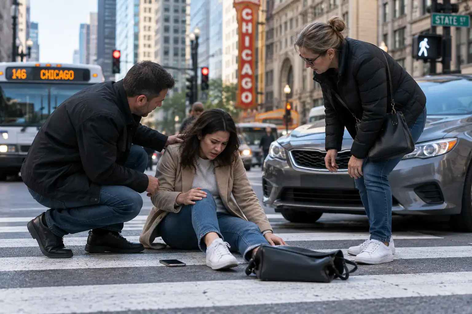 Injured pedestrian receiving help after being hit by a car in a Chicago crosswalk