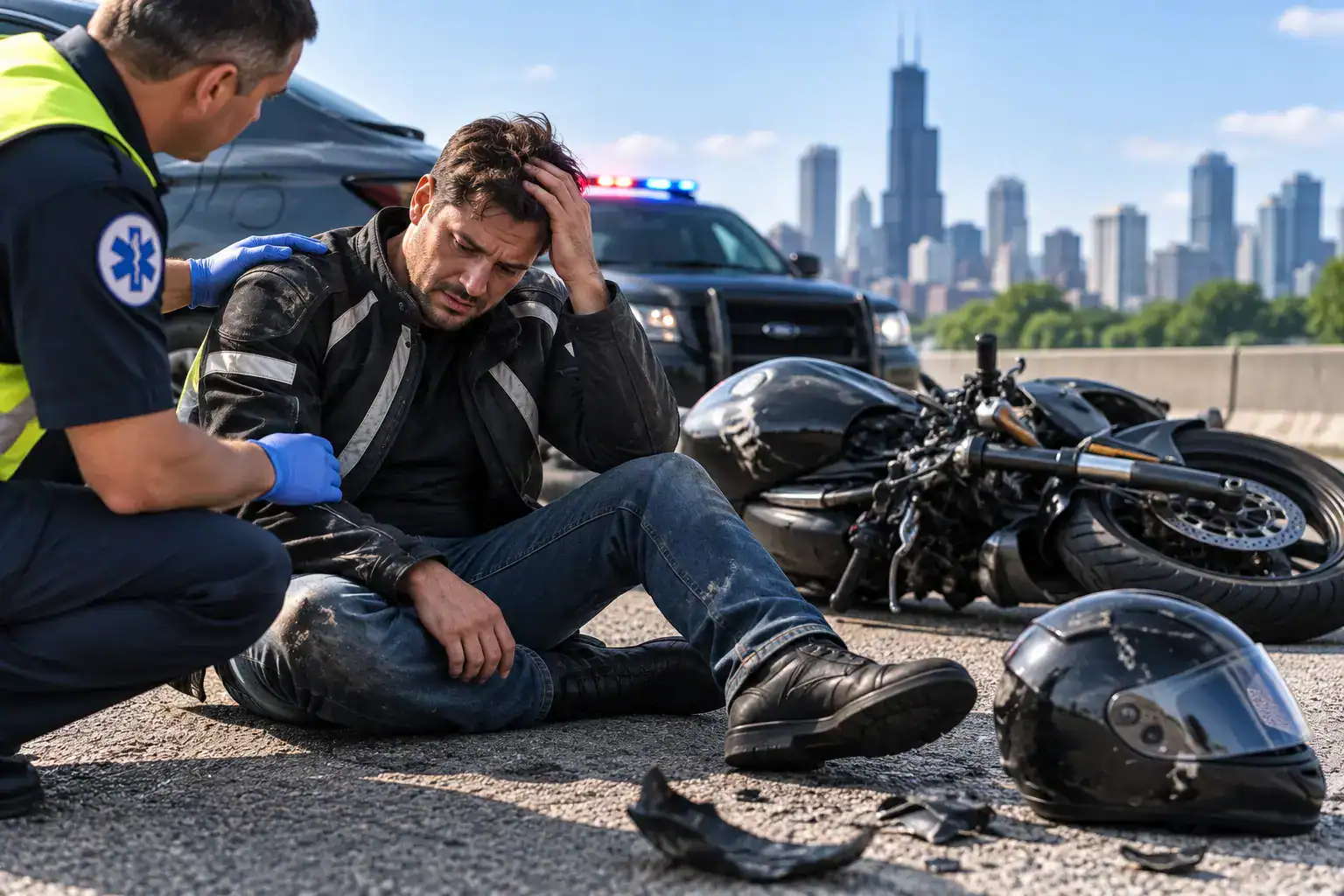 Injured motorcycle rider receiving assistance after an Illinois motorcycle accident