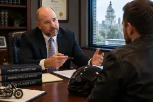 Illinois motorcycle accident lawyer discussing compensation with an injured motorcyclist
