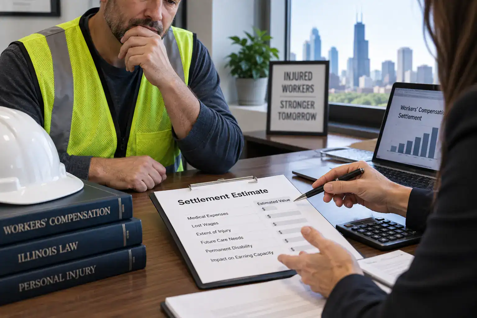 Injured Illinois worker reviewing workers’ compensation settlement factors with a legal professional