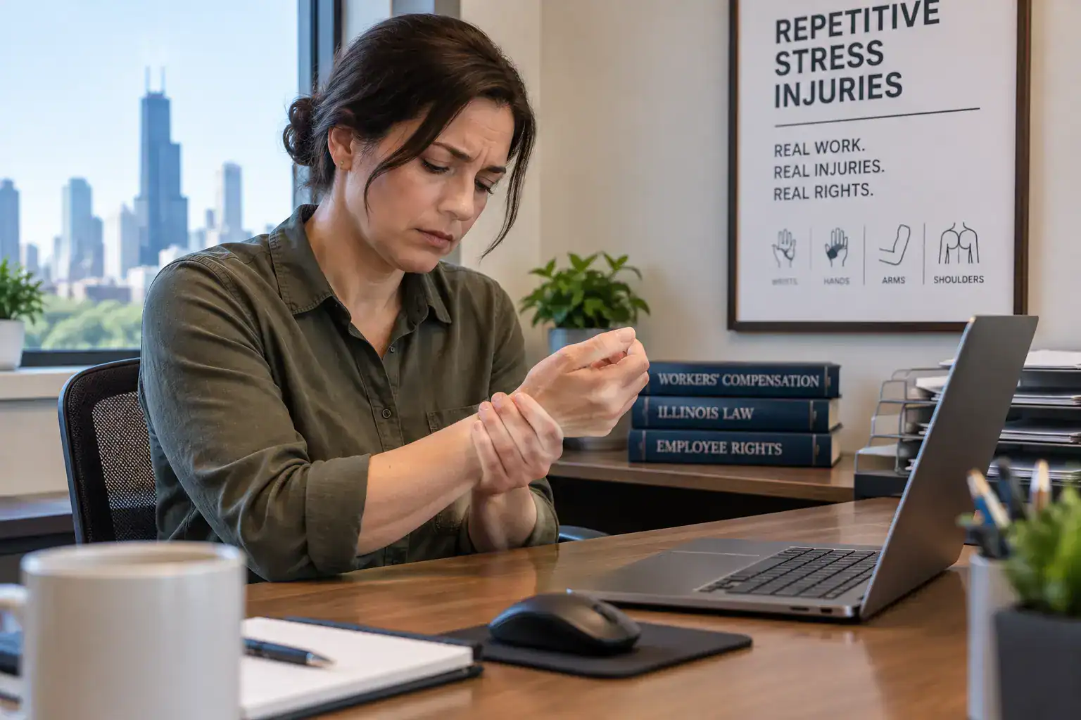 Worker experiencing wrist pain from a repetitive stress injury at an office desk