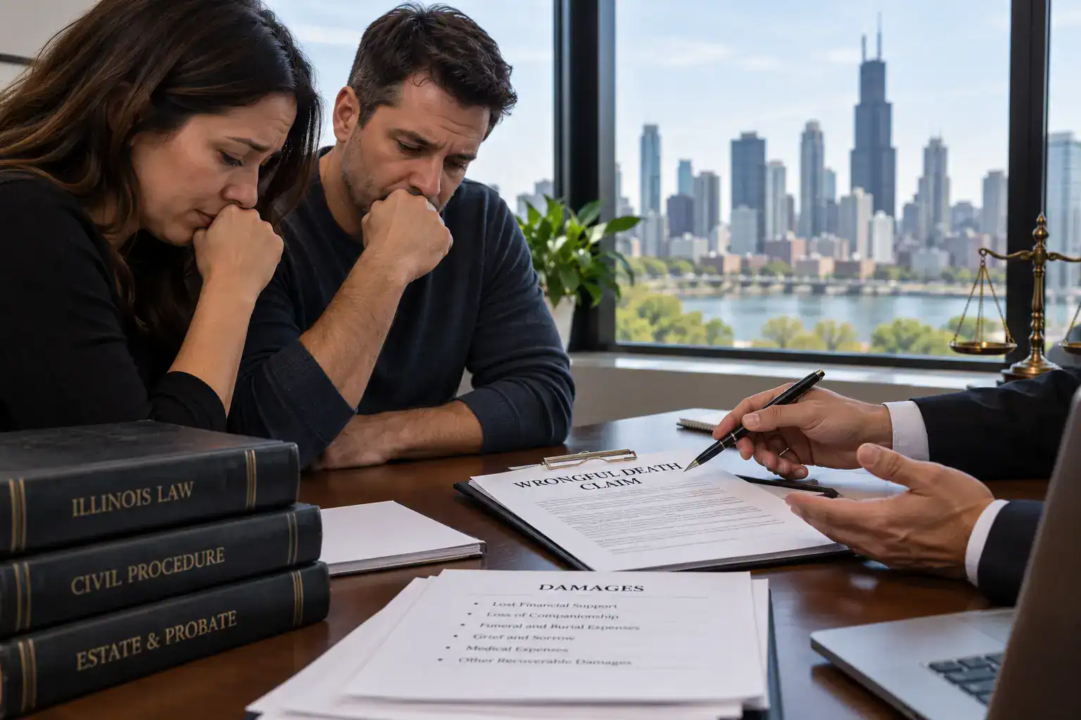 Illinois family reviewing a wrongful death claim and potential damages with a legal professional