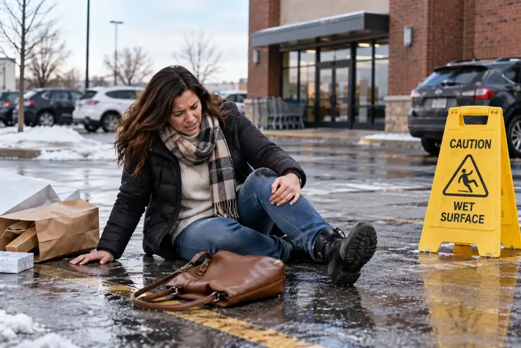 Woman injured after slipping on a wet parking lot outside a shopping center