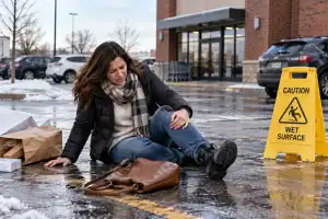 Woman injured after slipping on a wet parking lot outside a shopping center