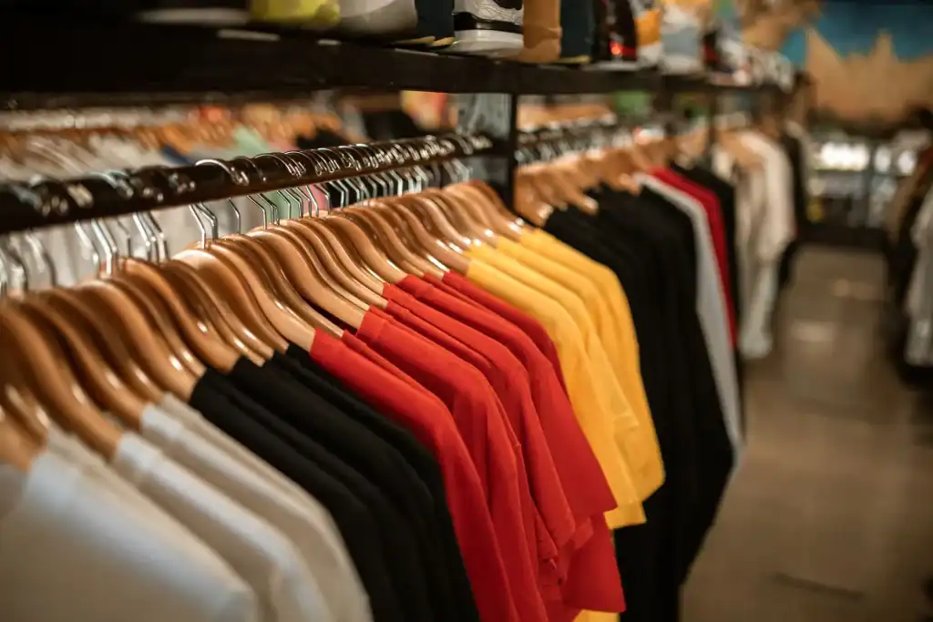 Clothing displayed on hangers along retail store racks beneath a shelf of merchandise.